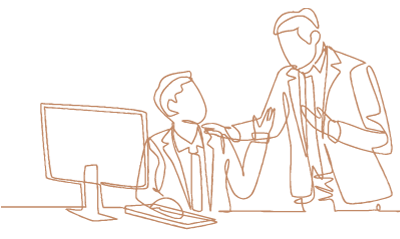 line drawing of supervisor overseeing student seated at computer