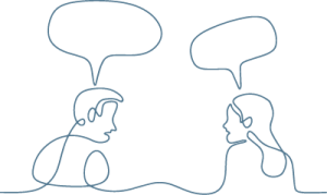 line drawing of two people having a conversation