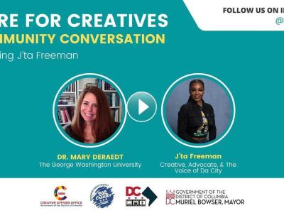 cover of Care for Creatives Community Conversation video featuring J'ta Freeman and Dr. Mary DeRaedt